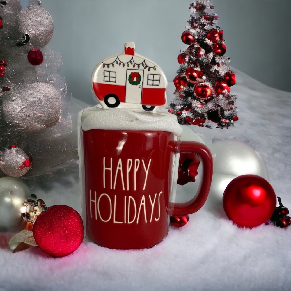 Rae Dunn Happy Holidays RV Camper Mug Christmas Red with topper NEW